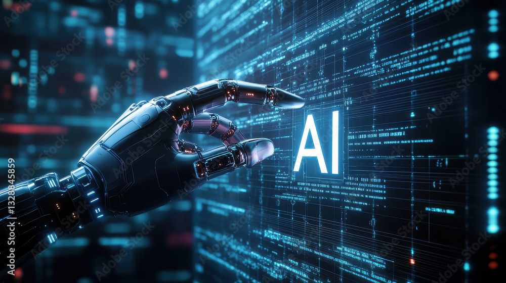 Poster digital robot hand touching glowing 
