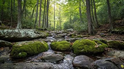 A close-up of fresh green moss covering rocks in a shaded forest digital