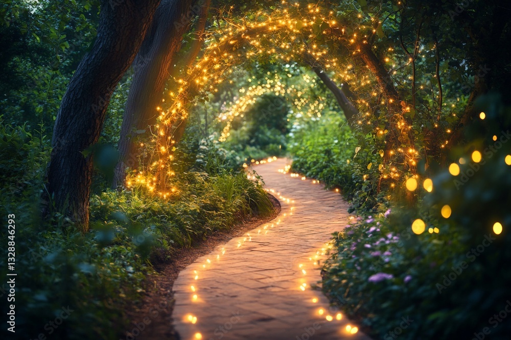 Aufkleber Magical garden pathway illuminated by string lights in a serene woodland setting during twilight