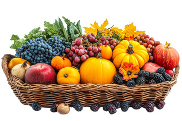 Colorful fruit and vegetable basket with autumn leaves