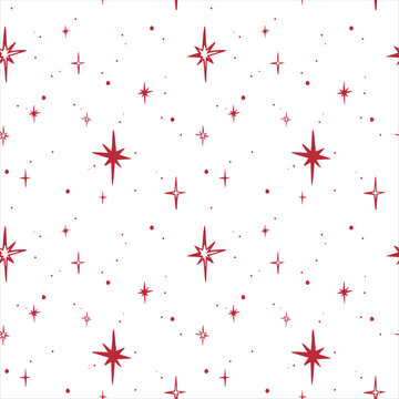 Red stars, large and small. Seamless pattern EPS vector hand drawn for festive packaging paper, textile, wrapping, fabric, wallpaper, design, winter holiday season and scrapbooking. Outline sketch.