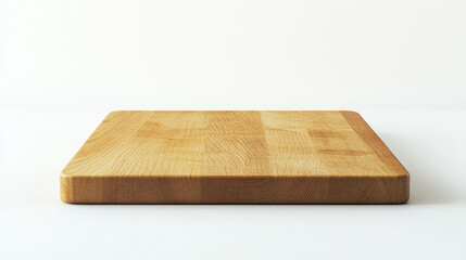 Fototapeta premium A smooth wooden cutting board rests on a white kitchen countertop, highlighting its natural grain and finish. Ideal for food preparation, it enhances kitchen aesthetics and functionality