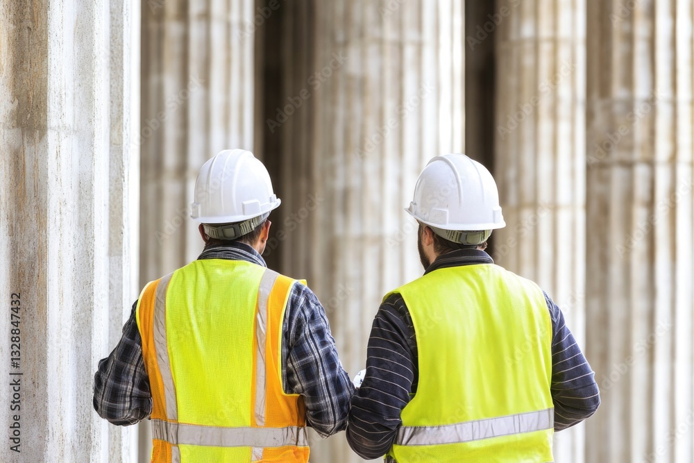 Poster two construction workers standing side by side, possibly discussing a project or sharing tools