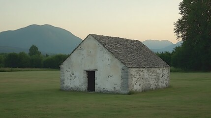 Obraz premium Rustic stone barn in a green field at sunset, mountains in the background.
