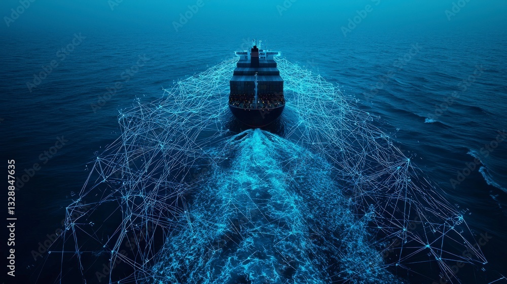 Poster ship navigating digital lines on expansive ocean path
