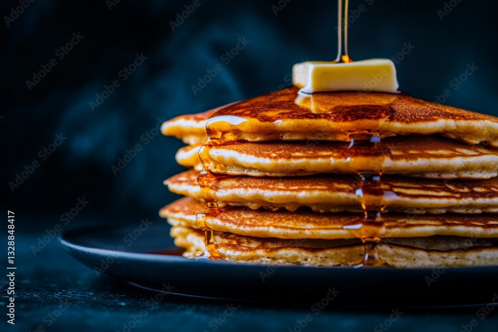 Poster delicious stack of fluffy pancakes topped with melting butter and dripping syrup on a dark backgroun