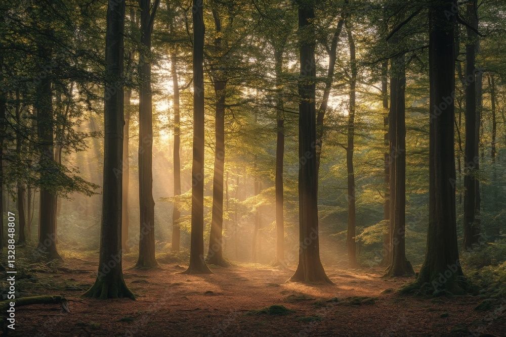 Aufkleber Sunlight filters through tall trees in a serene forest clearing at dawn
