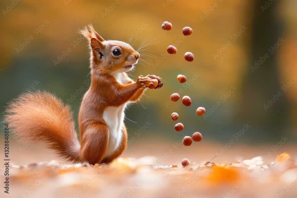 Poster squirrel enjoys autumn by catching falling nuts in a vibrant forest filled with colorful leaves
