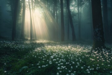 Obraz premium Golden sunlight filters through misty forest trees illuminating a carpet of wildflowers at dawn
