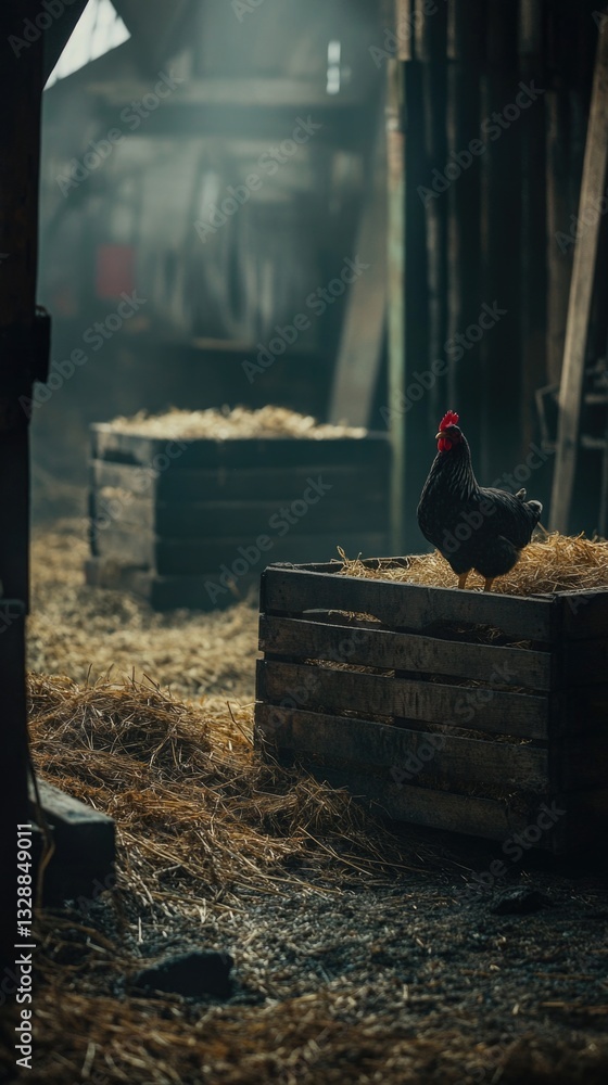 Poster a chicken perched on top of a stack of hay, possibly in a farm or rural setting