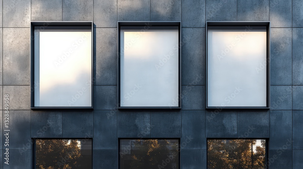 Poster a modern building facade featuring three rectangular windows, showcasing a sleek design and reflecti