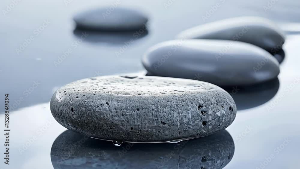 Poster smooth gray stones rest on reflective surface, creating serene and tranquil atmosphere with focus on