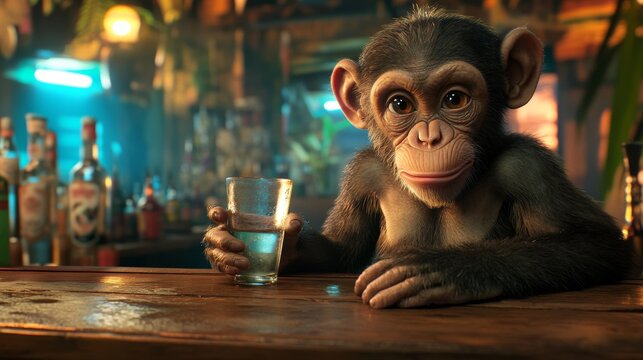 A monkey is sitting at a bar with a glass of water in front of him. The scene is set in a bar with a neon light in the background
