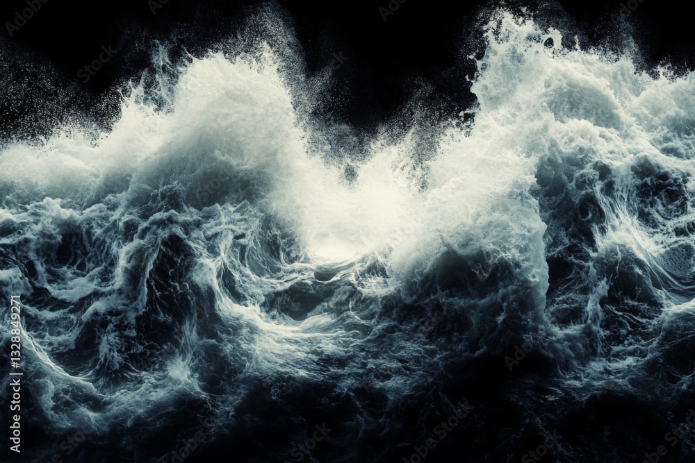 Poster dramatic ocean waves crashing against darkness, showcasing the power of nature in a mesmerizing disp