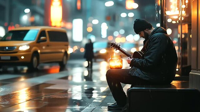 City Musician Busking at Night with Neon Lights