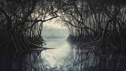 A dense mangrove forest with tangled roots reflected in still waters digital