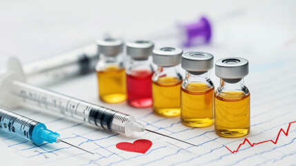 A collection of vials filled with colorful liquids stands next to medical syringes on a clinical surface featuring a heart rate line and a small red heart symbol