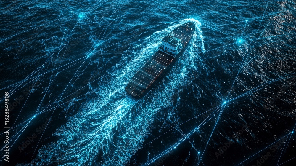 Poster futuristic ship traversing the ocean with virtual grid