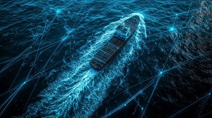 Futuristic ship traversing the ocean with virtual grid