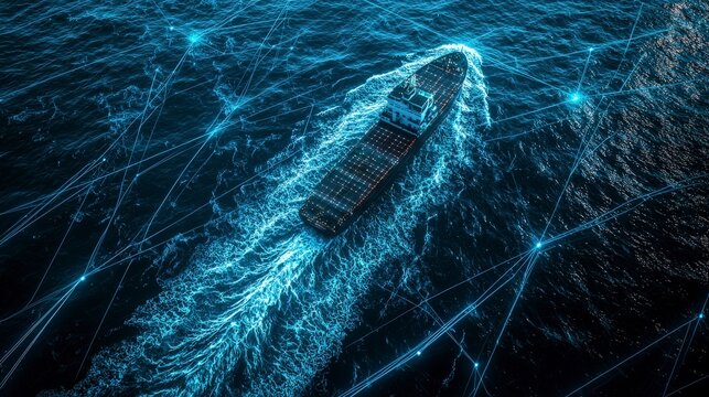 Futuristic ship traversing the ocean with virtual grid