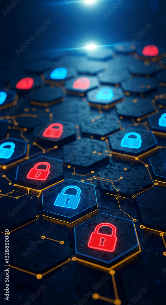 Aufkleber secure network: hexagonal grid with glowing padlocks - cybersecurity, data protection, and tech conc