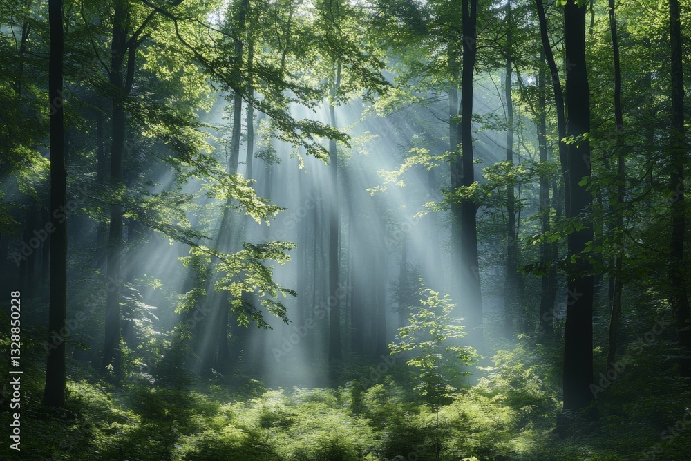 Aufkleber sunlight streaming through trees in a serene forest during early morning