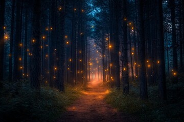 Enchanted forest pathway illuminated by glowing fireflies during twilight hours