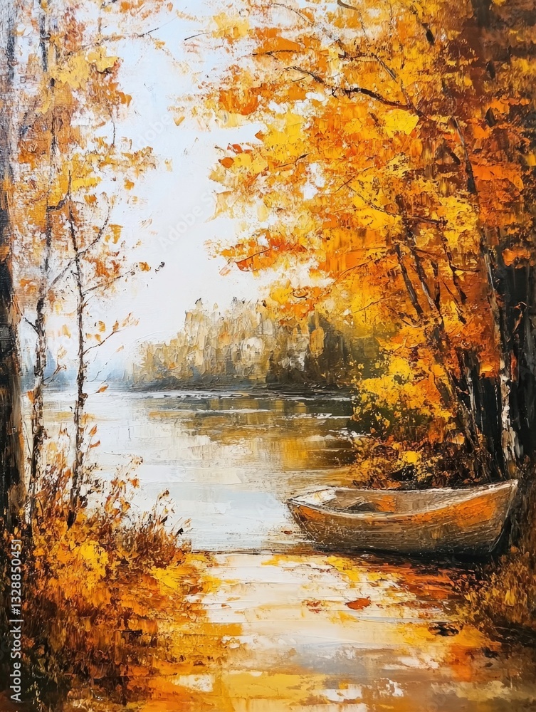Poster a serene scene of a boat floating on a calm lake, surrounded by tall trees and greenery
