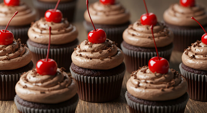 De d&eacute;licieux cupcakes au chocolat avec des cerises sur le dessus align&eacute;s en rang&eacute;e, dessert sucr&eacute;