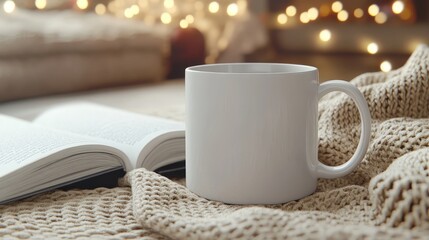 Fototapeta premium A cozy scene featuring a white mug next to an open book and a knitted blanket, with a warm, twinkling background.