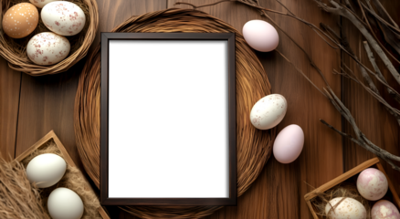 Blank empty Photo frame with transparent cutout on warm wooden background with easter eggs and dry twigs grass, PNG file. Mockup template for artwork design. Copy text space