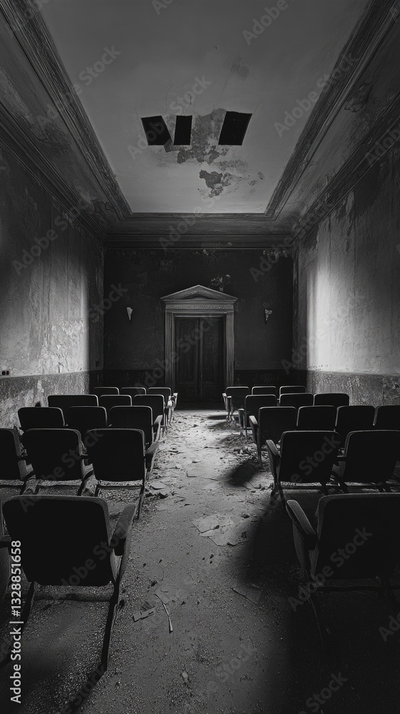 Poster a black and white photograph of an empty room with minimal decor
