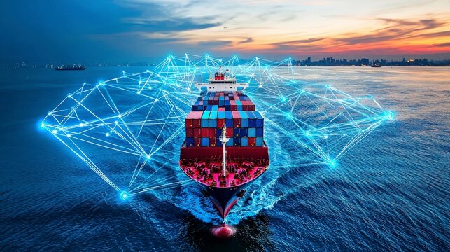 Close-up of a cargo ship with digital network grid