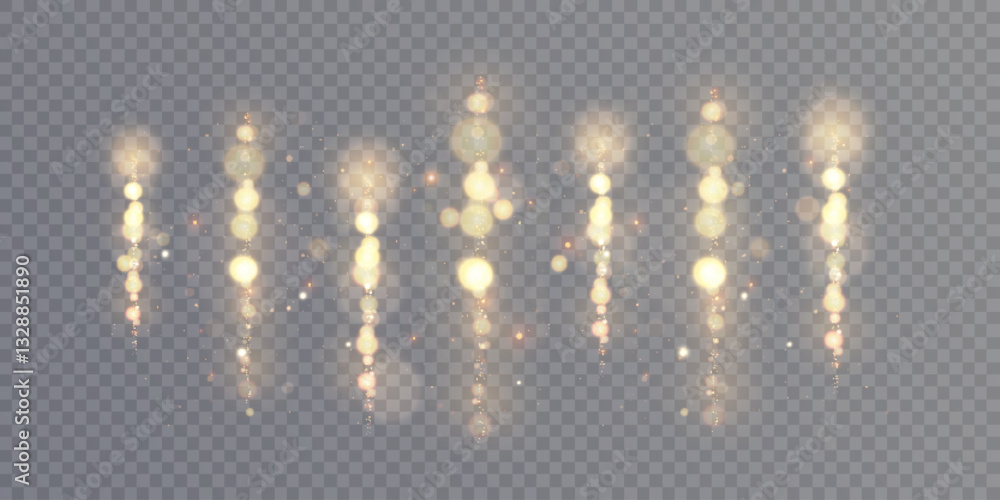 Poster Vertical bright lines with glowing light effect and bright shiny bokeh particles on transparent background.