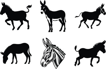 Fototapeta premium Donkey black silhouette clipart SVG bundle design isolated on a white background, Donkey vector illustration, Donkey vector icon set