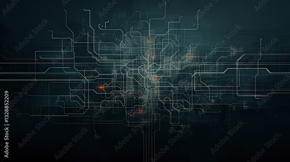 Poster abstract digital network connection, data flow, circuit board pattern, glowing lines, technology bac