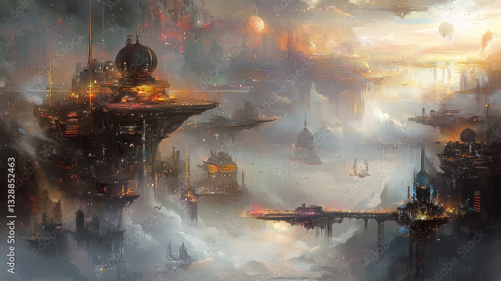 Poster surreal cityscape with floating islands and celestial environment