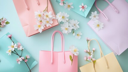 A clean flat lay of pastel shopping bags with blooming spring flowers spilling out. digital