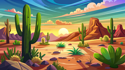 desert landscape photo with cactus, with sunny weather background. 