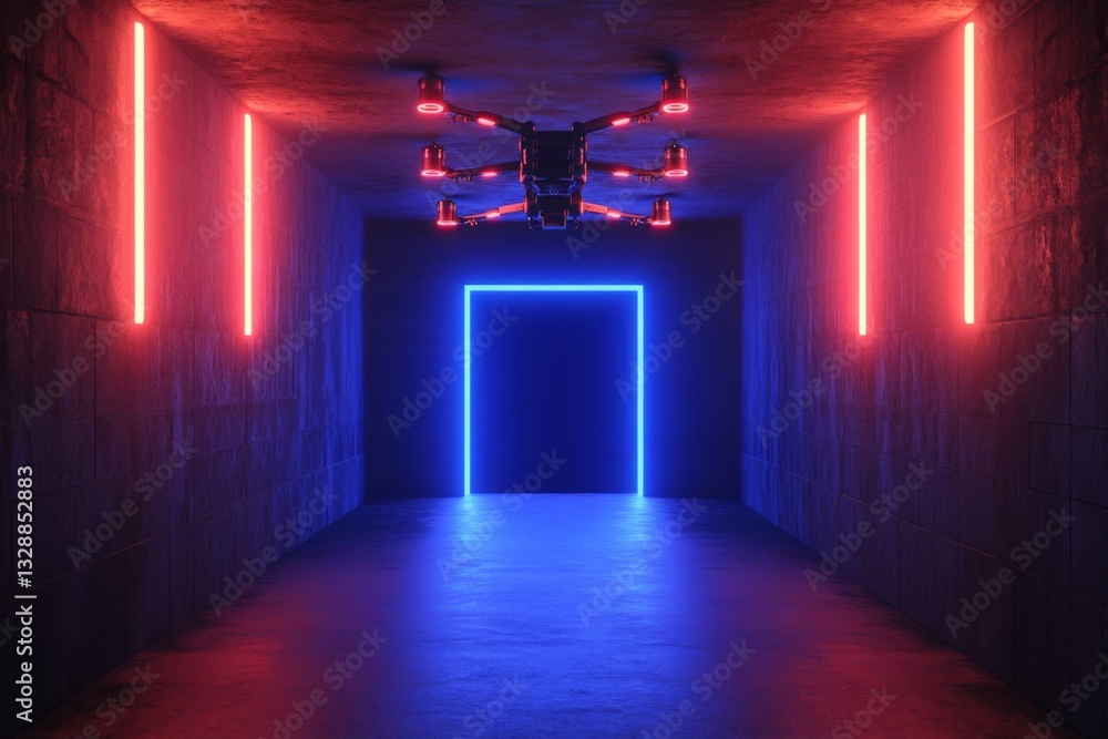 Poster futuristic hallway with glowing lights and hovering drone in a dark environment at night