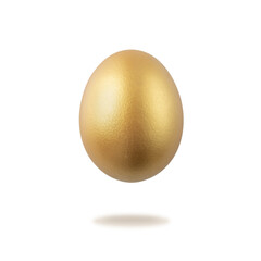 Painted in golden color natural easter chicken egg flying isolated on white background. One gold...