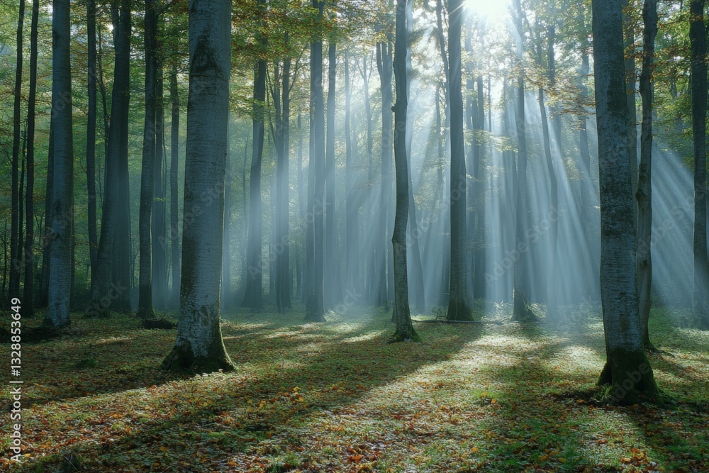 Poster light filters through a serene forest during early morning hours, illuminating trees and softening t