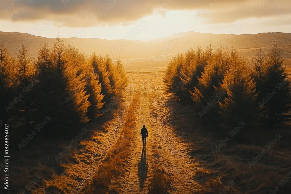 Poster sunset stroll along a tranquil path surrounded by golden trees in a serene countryside landscape