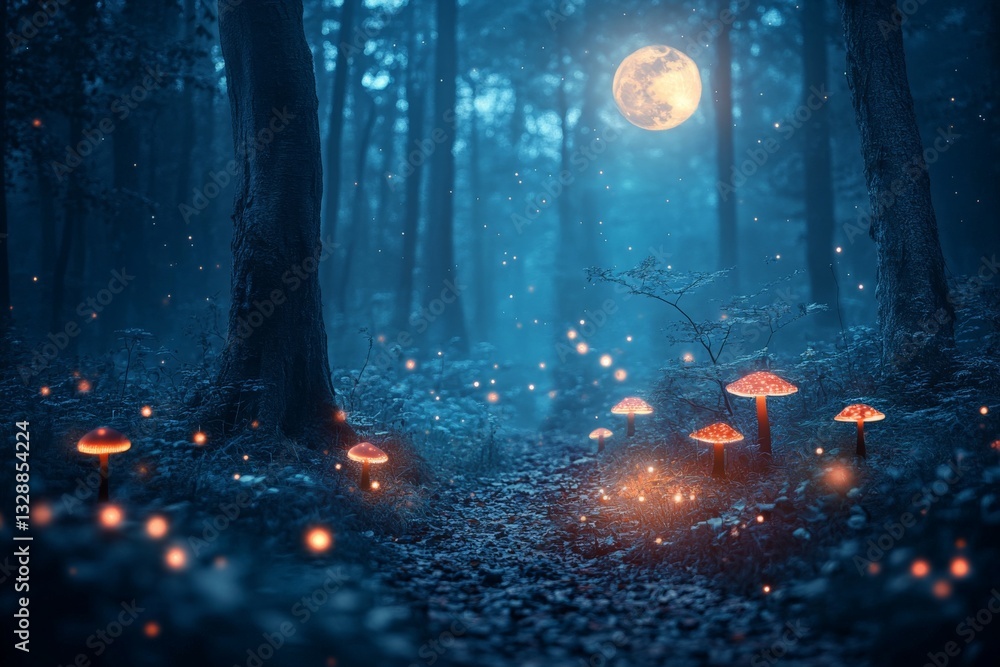Aufkleber mysterious forest path illuminated by glowing mushrooms under a full moon at night