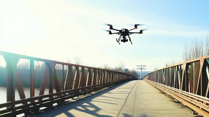A drone inspecting infrastructure, bridge with drone flying to inspect structural integrity, Engineering-tech style