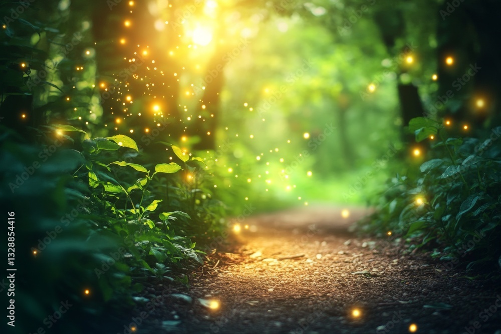 Aufkleber magical glow in a serene forest path during the golden hour