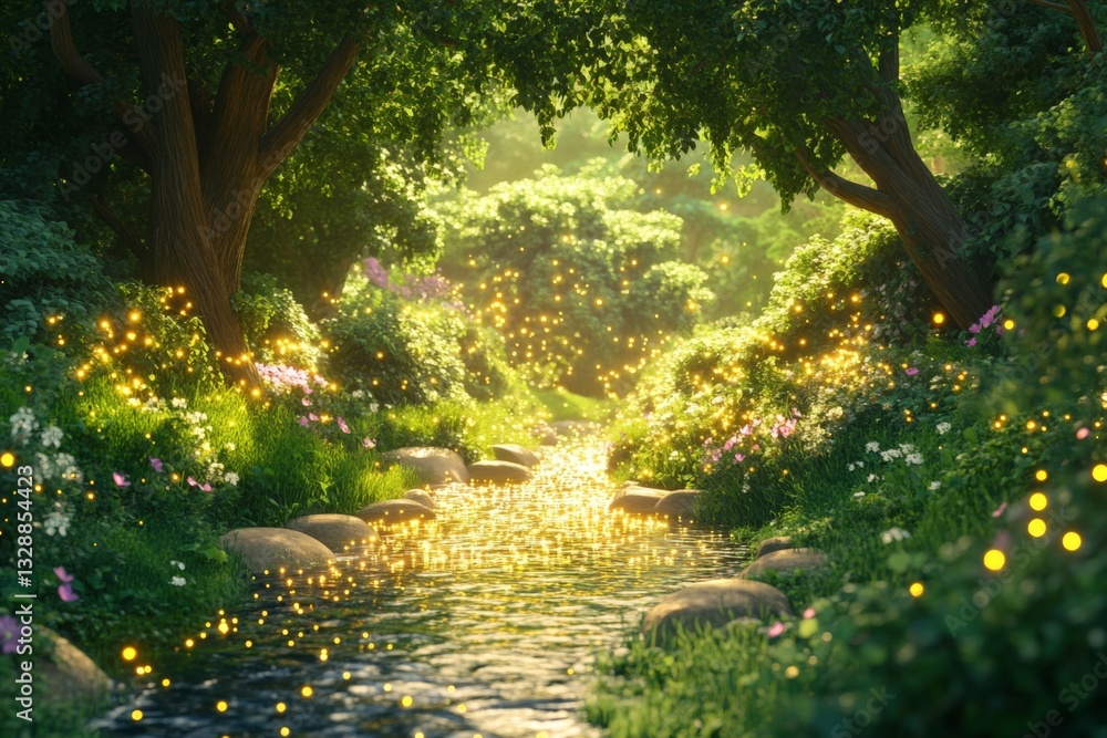 Poster serene forest pathway with a shimmering stream under ethereal light in a tranquil nature setting
