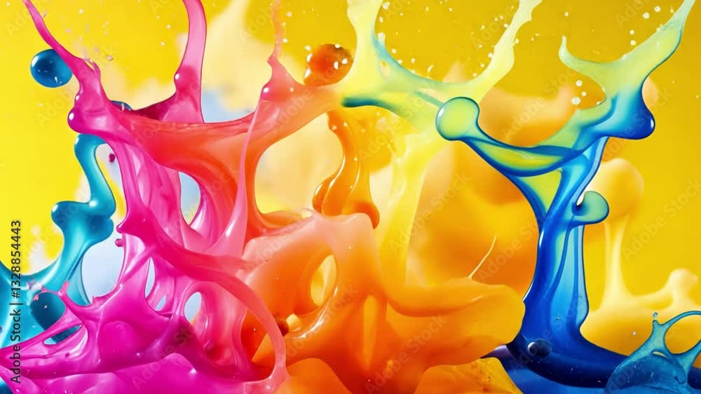 Poster vibrant explosion of colorful paint splashes creates abstract and dynamic composition against bright