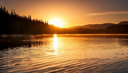 Gentle ripples on a lake at sunrise, with soft golden light reflecting off the calm surface, creating a serene and peaceful atmosphere