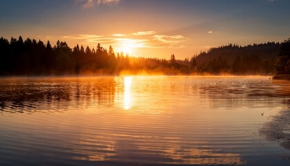 Fototapeta premium Gentle ripples on a lake at sunrise, with soft golden light reflecting off the calm surface, creating a serene and peaceful atmosphere